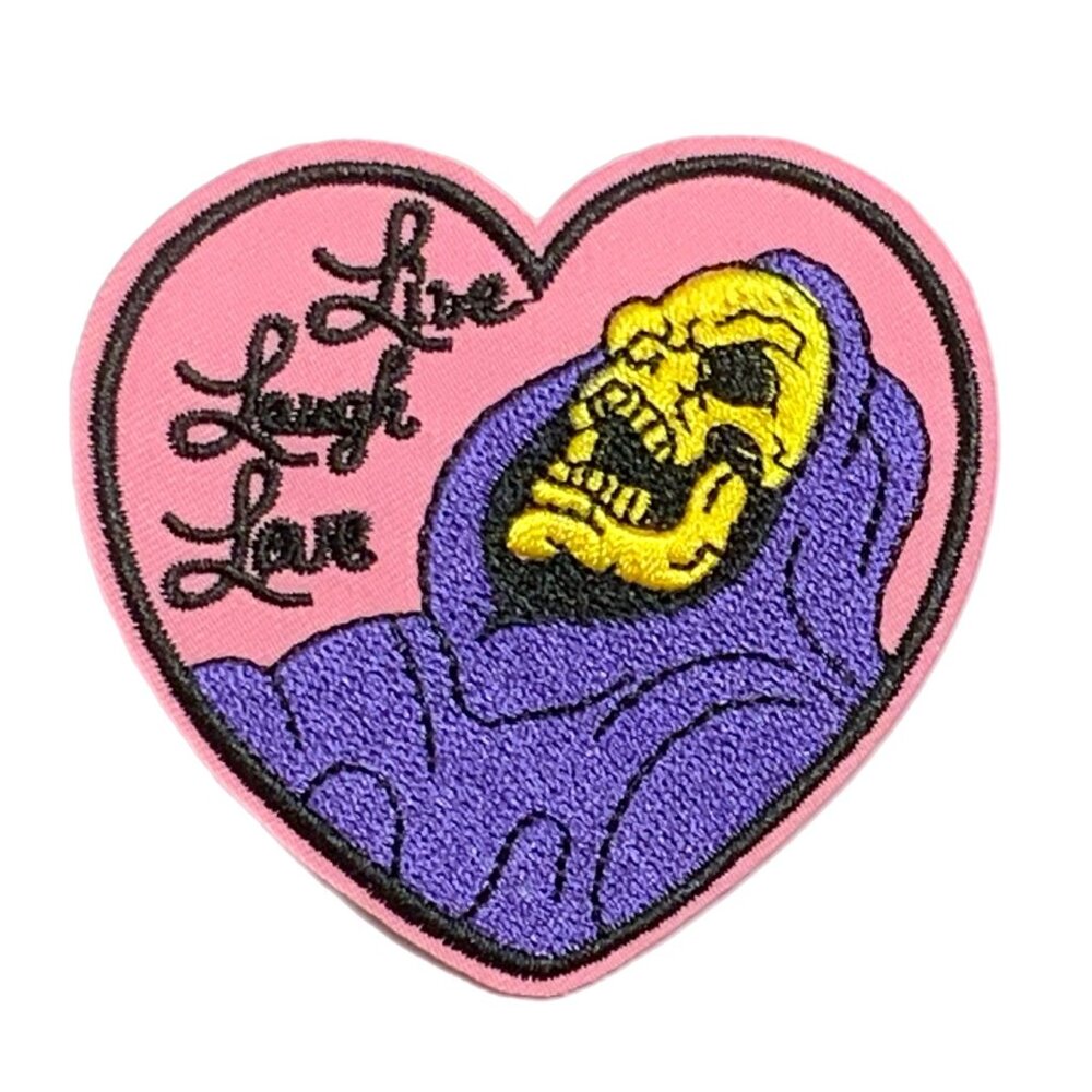 Skeletor Live Laugh Love Iron on Embroidered Patch Pink Purple Heart Shaped